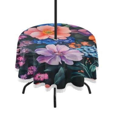 Imagem de CEBUGI Toalha de mesa redonda para uso externo, floral, impermeável, com orifício Umberlla, capa de mesa lavável para pátio, cozinha, sala de jantar, 152 cm