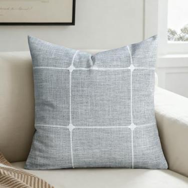 Imagem de QoBexim Conjunto de 1 capas de almofada bordadas, 61 x 61 cm, capa de almofada decorativa de linho sintético neutro com grade texturizada para sofá, sala de estar, decoração de casa, cinza