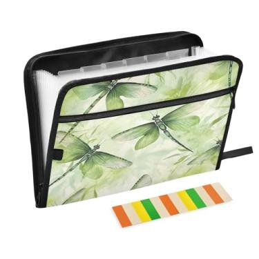 Imagem de Wassud Pasta organizadora de arquivos sanfonada verde libélulas de papel A4 com etiquetas pasta de arquivo expansível com 13 bolsos