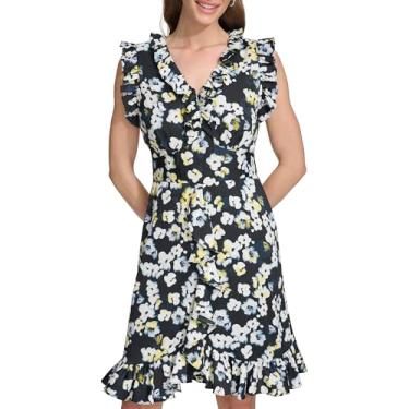 Imagem de DKNY Vestido feminino esvoaçante manga curta gola V babados bainha assimétrica, Azul-marinho/limão, 42