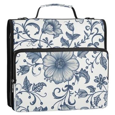 Imagem de CEBUGI Fichário de 3 anéis com zíper com alça de ombro, pasta de arquivo expansível de 3,8 cm, anéis D, para escola, escritório, buquê azul retrô