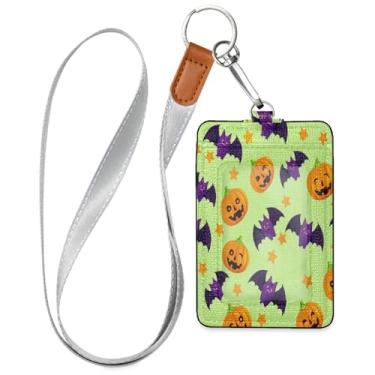 Imagem de Wassud Porta-crachá de couro PU Pumpkins Bat Halloween com cordão, porta-cartão de identificação para trabalho, cordão de pescoço com compartimentos para cartões de crédito, funcionários, estudantes