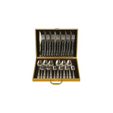 Imagem de Conjunto de Talheres 24 Peças em Aço Inoxidável com Maleta Dourada, Acabamento Espelhado, Inclui Facas, Garfos, Colheres de Mesa e Sobremesa