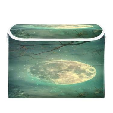 Imagem de WELLDAY Caixa de armazenamento de paisagem de lua de Halloween com tampas, bancos maiores dobráveis de armazenamento de tecido com alças para sala de estar, sala de jogos, quarto, berçário 40 x 32 x