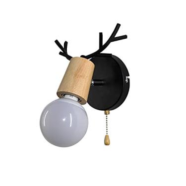 Imagem de Arandela de parede para banheiro, luminária interna de madeira e metal com detalhes em chifre, arandelas de parede com interruptor de cordão, luzes noturnas para sala de estar, quartos e cab