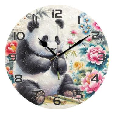 Imagem de Burbuja Relógio de parede em aquarela panda silencioso, sem tique-taque, relógio de parede redondo de 25,4 cm, operado por bateria para casa, sala de estar, casa de fazenda, decoração de escritório