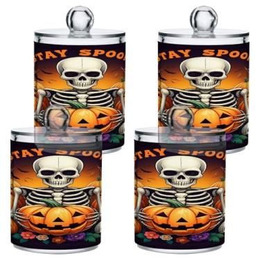 Imagem de STAYTOP 2 frascos de boticário Qtip para banheiro com etiquetas – Recipiente de armazenamento Qtip de plástico transparente acrílico para bola de algodão, cotonete, grão de café - esqueleto divertido