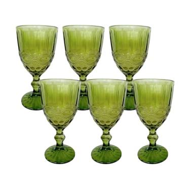 Imagem de Kit 6 Taças de Vidro Verde 314ml – 17cm – Design Lapidado – Ideal para Vinho, Água e Mesa Posta