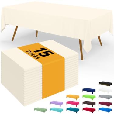 Imagem de Smiry Toalha de mesa descartável – pacote com 15, toalhas de mesa retangulares impermeáveis de 137 x 272 cm para festas, capa de mesa de plástico decorativa, à prova de vazamento e resistente, bege
