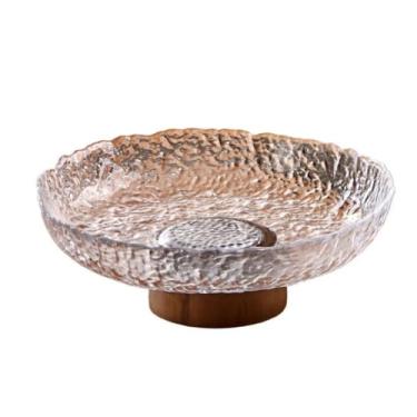 Imagem de Fruteira Fruteira de vidro texturizado com base de madeira, travessa decorativa para servir frutas, aperitivos e outros itens de mesa. Decoração de mesa(Clear,Grande)