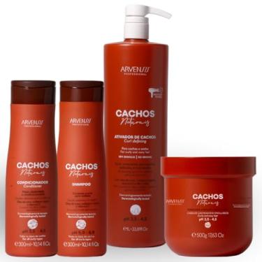 Imagem de Kit Arvensis Cachos Naturais Completo 4 Produtos Ondulados Cacheados C/Ativador Grande 1L