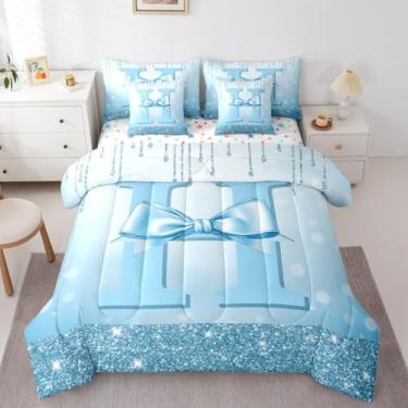 Imagem de Erosebridal Conjunto de edredom solteiro alfabeto H com lençol com design de laço - conjunto de cama de 7 peças com laço azul fofo feminino, moderno, moderno, moderno, moderno, moderno, em uma bolsa