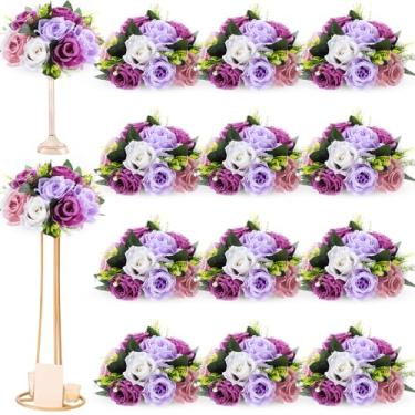 Imagem de Hotop 24 peças de bolas de flores para casamento rosa centro de mesa de seda bolas de beijo arranjo de hortênsia artificial buquê floral rosa sintética decoração floral (violeta fantasia)