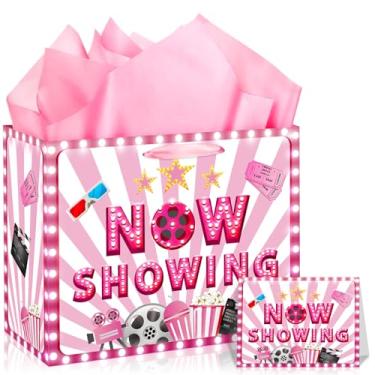 Imagem de Wayyogh Saco de presente de filme rosa Cinema Happy Birthday Sacos de papel de embrulho com cartão de papel de seda (rosa)
