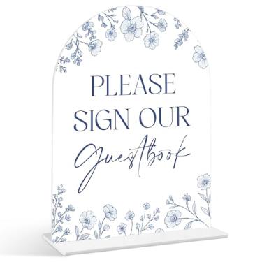 Imagem de Please Sign Our Guestbook Sign - Something Blue Before I Do Bridal Shower Sinais, 1 pacote de placa de acrílico com suporte, centro de mesa de chá de panela para mesas, decoração de recepção de