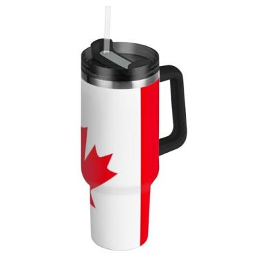 Imagem de Copo de 850 g com alça copos de aço inoxidável com tampa e canudo engraçado garrafa de água isolada xícaras de café quente para carro bandeira canadense folha de bordo