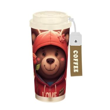 Imagem de TSENQUE Copo de café vermelho urso rosa fofo, 473 ml com canudo e tampa, copos de parede dupla isolados a vácuo com revestimento cerâmico para escritório, escola, festa, acampamento