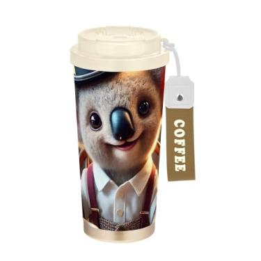 Imagem de TSENQUE Copo de café de viagem 473 ml com canudo e tampa de filme, copo de café de viagem de aço inoxidável à prova de vazamento para escritório, escola, festa, acampamento, animal coala fofo
