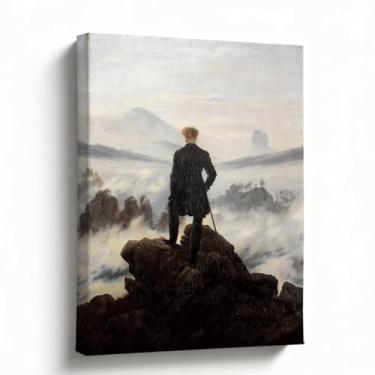 Imagem de Arte de parede em tela, pintura a óleo de paisagem romântica, Caspar David Friedrich Wanderer Above the Sea of Fog, arte de parede vintage Mountain Mist, decoração de biblioteca de quarto, escritório
