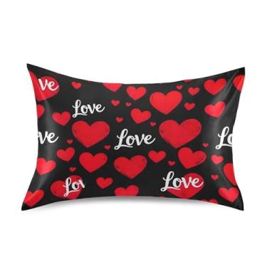 Imagem de Fronhas de cetim preto corações vermelhos linda decoração de cama capa de almofada arte fofa padrão rei queen fronha tamanho padrão 66 cm x 50 cm