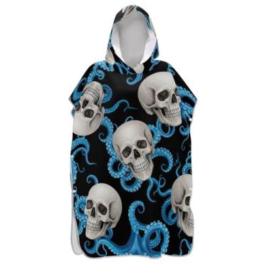 Imagem de Caveiras azul polvo preto surfe poncho para adulto trocador de roupa de banho com capuz bonito plus size ponchos femininos com capuz