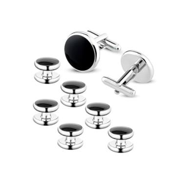 Imagem de Abotoaduras clássicas de ônix preto e aço inoxidável para homens | Presente de joia para ele