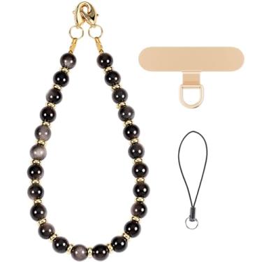 Imagem de CH.yishi Pulseira de telefone com contas de pedras preciosas com cordão de núcleo de aço, pulseira de telefone destacável com aba de corda de metal (obsidiana de brilho prateado)