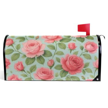 Imagem de TSENQUE Capas magnéticas decorativas para caixa de correio vintage floral rosa rosas vermelhas primavera caixa de correio envoltórios vinil férias à prova de intempéries decoração de caixa de correio