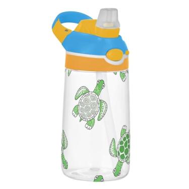 Imagem de Garrafa de água esportiva infantil Tritan de 473 ml com tampa de palha, garrafa de água reutilizável para escola, copo infantil portátil de 473 ml, alça de transporte, estampa de tartarugas verdes