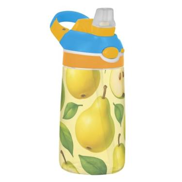 Imagem de Garrafa de água infantil de 473 ml com tampa de canudo à prova de vazamento, garrafa de água esportiva para escola, reutilizável, copos Tritan de 473 ml para crianças, alça de transporte, peras