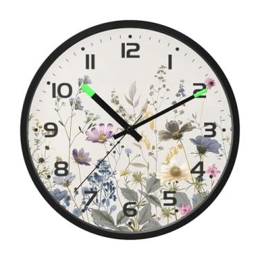 Imagem de SEHANY Herb Wildflower Relógio de parede silencioso sem tique-taque relógio redondo operado por bateria 30 cm controle de som luz noturna relógios de parede para sala de estar, cozinha, quarto