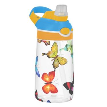 Imagem de Garrafa de água esportiva infantil colorida borboletas brancas para escola, 473 ml, 473 ml, garrafa de água Tritan com canudo, copo infantil reutilizável portátil, alça de transporte