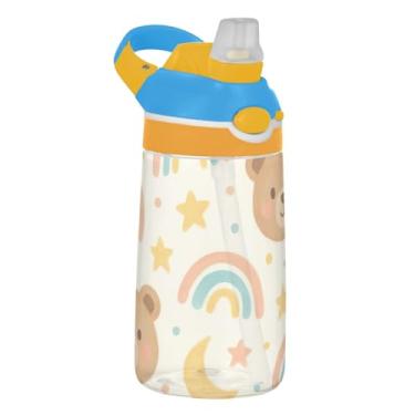 Imagem de Cute Bear Rainbows Garrafa de água esportiva infantil bege para escola, 473 ml, 473 ml, garrafa de água Tritan com canudo, copos de viagem à prova de vazamento para crianças, reutilizáveis, alça de