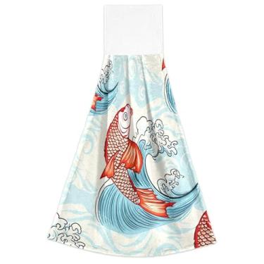 Imagem de Joisal Toalhas de mão de primavera com laço para pendurar bonito peixe japonês azul forno toalhas de gravata conjunto de 2, toalha de mão de cozinha macia absorvente decorativa, 18,2 x 14 polegadas