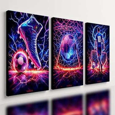 Imagem de Kit 3 Quadro Decorativo Futebol Jogador Bola Neon Quarto Qualidade Premium Moderno (40x28cm)