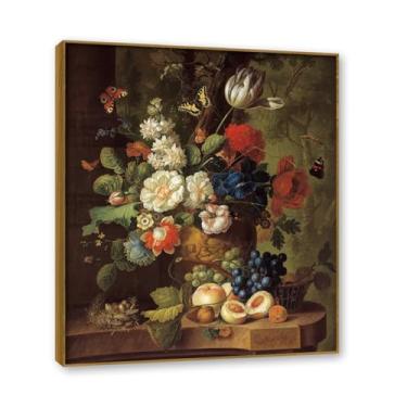 Imagem de Moldura de teca. Arte em tela floral country, pintura botânica vintage de natureza morta, decoração de parede de cozinha de fazenda emoldurada para sala de jantar. B23. 70 x 84 cm - 27,5 x 33,1 pol