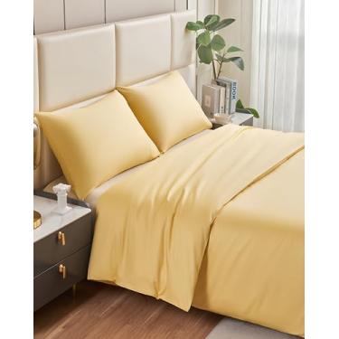 Imagem de Volcano King Coffee Jogo de lençol 100% algodão com 4 peças, estilo minimalista - Lençóis de cama com lençol de cima, lençol com elástico e 2 fronhas | Leve, macio, durável e fácil de cuidar (amarelo