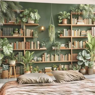 Imagem de Motanber Tapeçaria de estante de plantas verdes, natureza, botânica, biblioteca, tapeçarias, pendurar na parede, vintage, plantas, livro, tapeçaria extragrande para quarto, sala de estar, dormitório