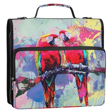 Imagem de Papagaios coloridos para pintura de 3,8 cm (1 1/2 polegada) 3 fichários de anel D fichário organizador com zíper com alça pasta de armazenamento de bolsa escolar com alça