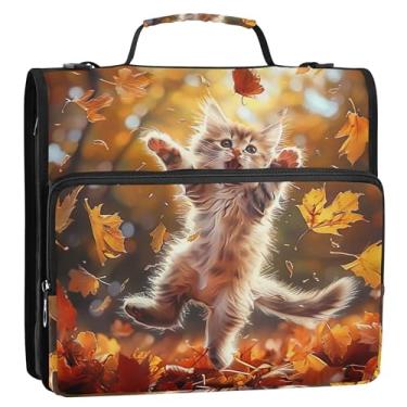 Imagem de Organizador de fichário com zíper de 3,8 cm, 3 anéis, anel D, gatinho, folhas de outono, portfólio e estojo, suporte para pasta de anel, bolsa escolar com alça de ombro