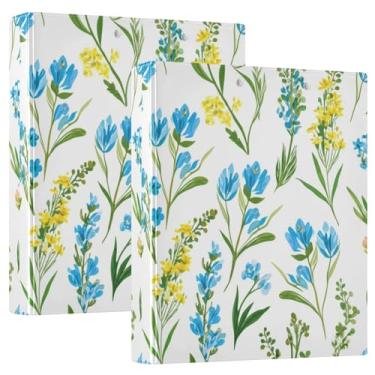 Imagem de Fichários de 3 anéis azuis com folhagem amarela de 3 cm para 200 folhas fofas pastas de portfólio floral redondo para serviço pesado, 31,5 x 27 x 6 cm, 1 pacote