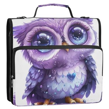 Imagem de Fichário com 3 anéis de 3 anéis, fichário com zíper de coruja roxa e resistente, com alça de ombro para escola, portfólio fofo e estojo para pasta de anel