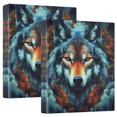 Imagem de Fichário Mystical Wolf Head Autumn Forest com 3 anéis de 3 cm, 200 folhas, bloco de notas premium, anel redondo, 31,5 x 27 x 6 cm, pacote com 2