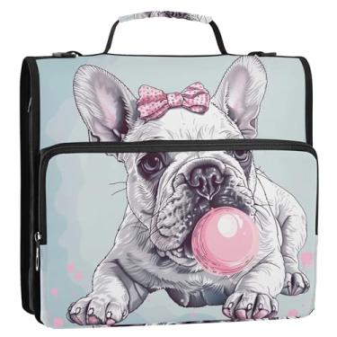 Imagem de Lindo buldogue francês engraçado 3 fichários para fichários de 3,8 cm D com zíper organizador de fichário de ensino médio com alça de armazenamento pasta de portfólio com alça