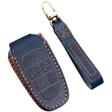 Imagem de Capa de couro artesanal para chave, Compatível com Hyundai santa fe/sonata/tucson, 6 botões, capa de chave de carro, suporte(6 Buttons Blue)
