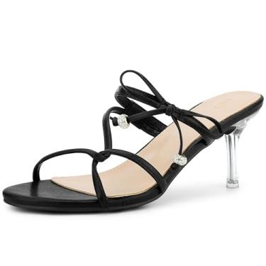 Imagem de Perphy Sandália de salto com nó de laço, sem cadarço, bico aberto, salto agulha com tiras e strass para mulheres, Preto, 41