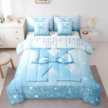 Imagem de Conjunto de cama casal de 7 peças, com letra inicial X, para mulheres e namoradas - linda cama de laço azul em uma bolsa, conjunto de edredom com laços modernos, com enchimento de edredom