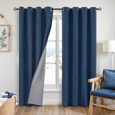 Imagem de YoungsTex Cortinas blackout de linho para quarto, cortinas texturizadas de serapilheira com bloqueio de luz total para sala de estar e fazenda, persianas com ilhós, azul-marinho, 2 painéis, 132 x 213