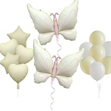 Imagem de BIEUFBJI Conjunto de decoração de festa borboleta balões de alumínio em forma de coração balão em forma de estrela balões de látex tema borboleta casamento festa de aniversário decorações suprimentos