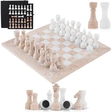 Imagem de SPESHSTONES Marble Chess Set 15 Inch Travertine and White Checkers Board Game with Pieces, 2 Extra Queens and Storage Box, Strategy Set for Adults & Family, Travel, Tabletop Play